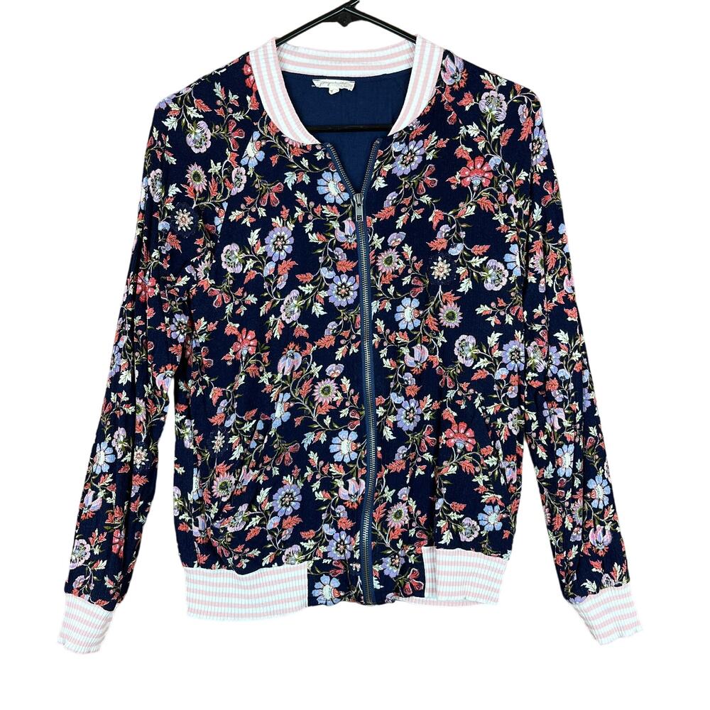 Mystree Womens Jacket Navy Multi Floral Full Zip Lightweight Boho Chic Small